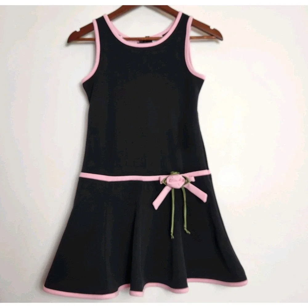 Emily West Girls Size 12 Black Pink Drop Waist Dress Rose Bow Rosette Sleeveless